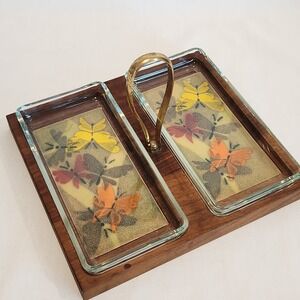Ernest Sohn Vintage MCM Doubke Relish Serving Tray‎ Butterflies Wood Glass